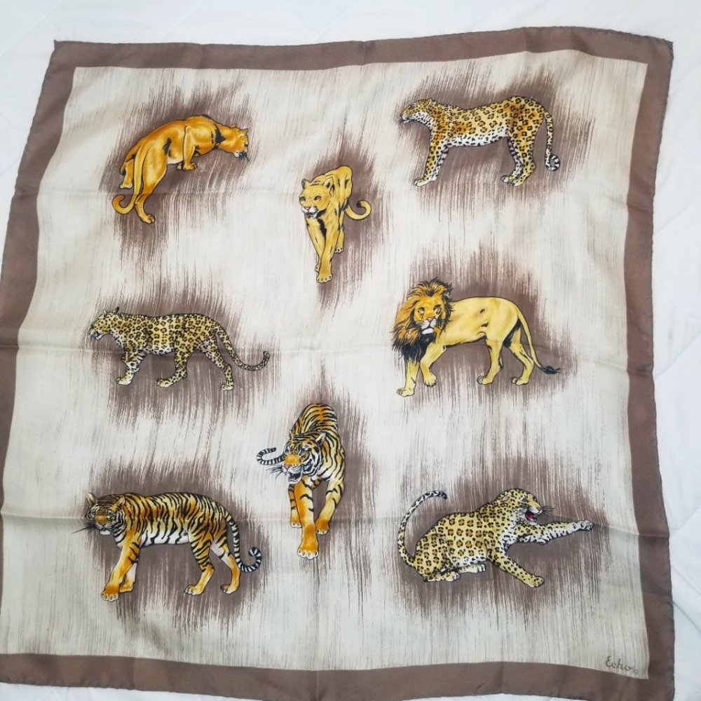 Vintage Echo Silk Scarf | Lion,  Tiger, Leopard Motif